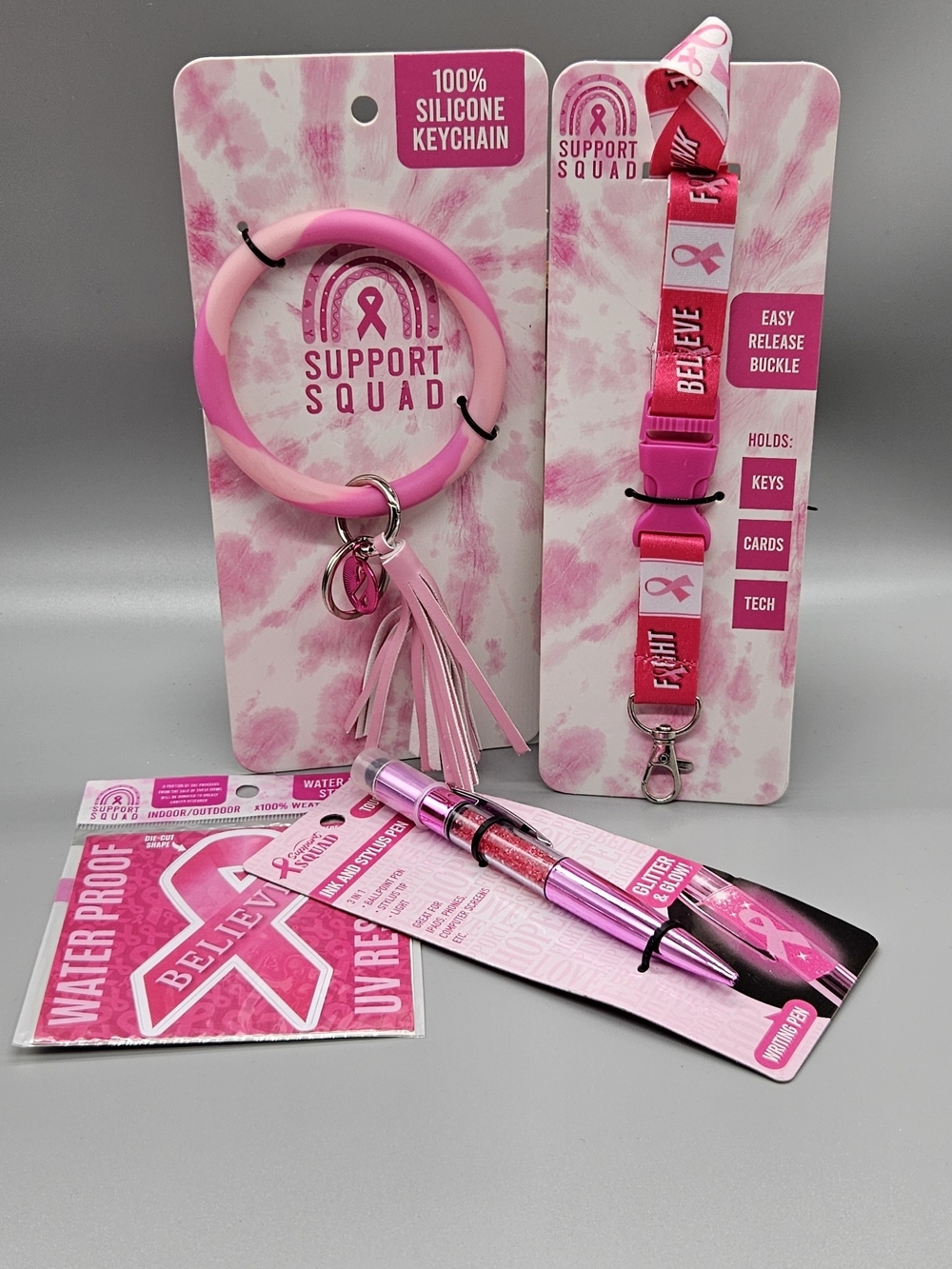 Breast Cancer Silicone Keyring, Lanyard, Glitter Pen Stylus & Waterproof Sticker